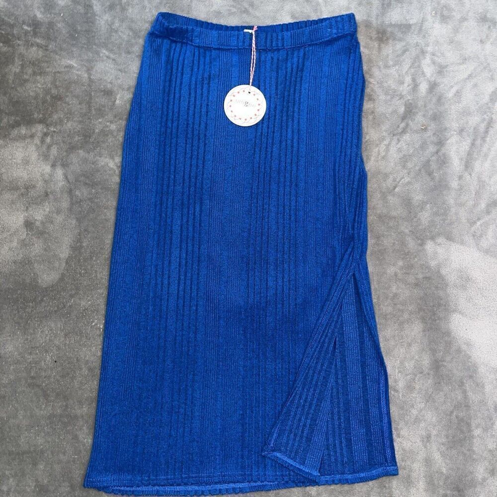 Umgee Ribbed Skirt Size Large Royal Blue Pull‎ On High Waist Side Slit Casual